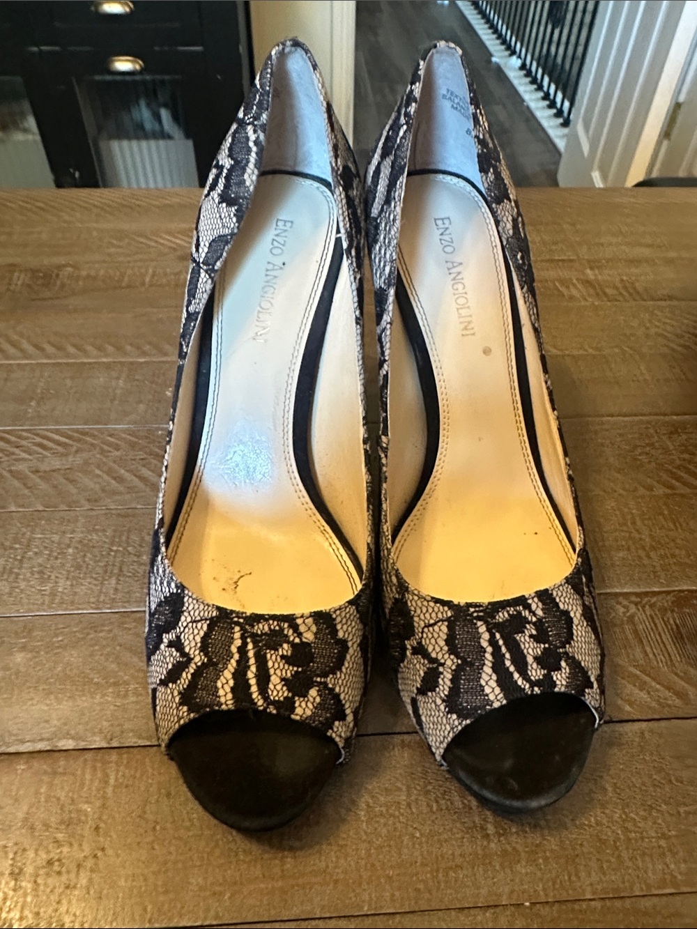 Enzo Angiolini Black and Cream Lace Peep-Toe Pumps